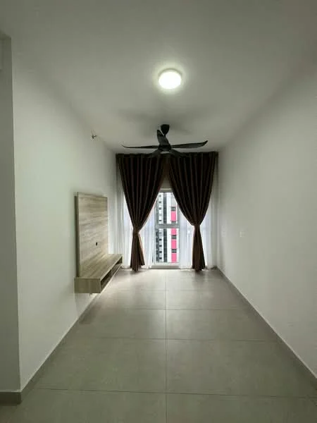 Room features: white painted walls, grey tiled flooring, 5-blade ceiling fan with light, floor-to-ceiling windows, sheer curtains, dark brown curtains, wall-mounted TV console, natural light from window; style: modern; view: city.