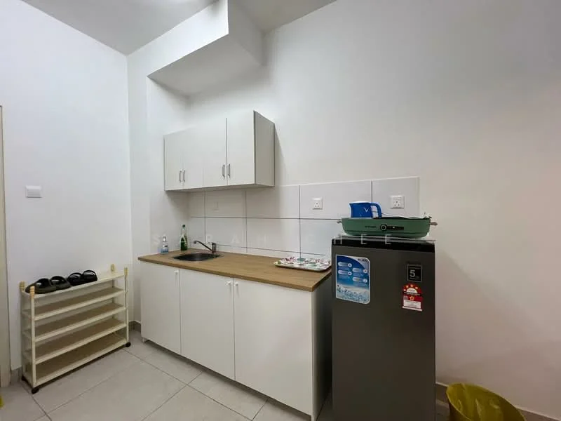 Kitchen features: white cabinetry, wood countertop, stainless-steel fridge, built-in sink, wall-mounted faucet, ceramic tile backsplash, grey tiled flooring, open shelving, kitchen appliances, under-cabinet lighting; style: modern.