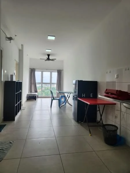 Room features: white painted walls, tile flooring, 5-blade ceiling fan, floor-to-ceiling windows, curtains, kitchen counter, red table, blue chair, black storage unit, laundry basket; style: modern; view: garden.