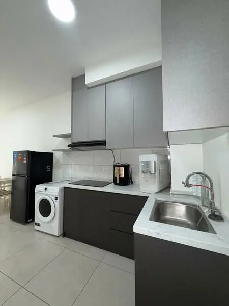 Kitchen features: dark grey cabinetry, white marble countertop, stainless-steel sink, chrome pull-down faucet, built-in oven, freestanding refrigerator, front-load washing machine, ceramic tile flooring, recessed downlights, exhaust hood, microwave, open shelving; style: modern.