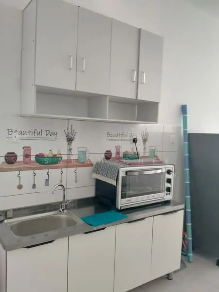 Kitchen features: white cabinetry with upper cabinets, grey countertop, single-bowl stainless-steel sink, chrome faucet, built-in microwave, decorative backsplash with jars and plants design, kitchen towel, wall-mounted shelving, tile flooring, light-colored walls; style: modern.