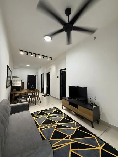 Living features: grey fabric sofa, black TV console, wall-mounted TV, 5-blade ceiling fan with light, recessed LED downlights, area rug with geometric pattern, dining table with 4 chairs, tile flooring, white painted walls, track lighting, black doors; style: modern.