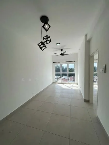 Living features: white painted walls, tile flooring, 5-blade ceiling fan with light, modern pendant light fixture, floor-to-ceiling windows, sliding glass door, natural light, view of outdoor area; style: modern; view: city.