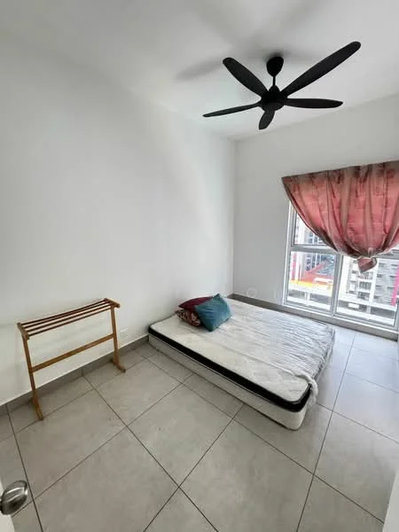 Bedroom features: white painted walls, grey floor tiles, 5-blade ceiling fan, large windows with city view, curtains in red, unmade bed with mattress, wooden clothes rack; view: city.