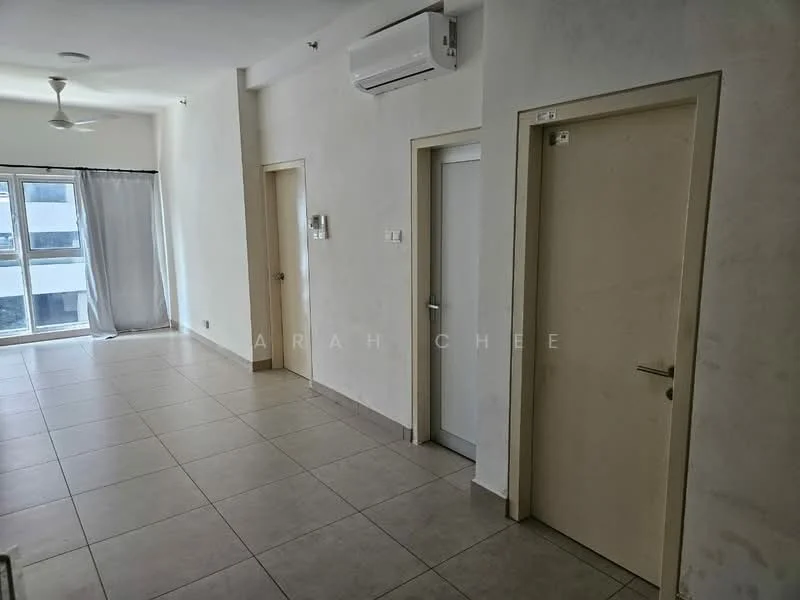 Room features: light-coloured painted walls, tile flooring, 1 wall-mounted split AC, 1 ceiling fan, 2 doors, large window with sheer curtains, neutral colour scheme, open layout; style: modern.