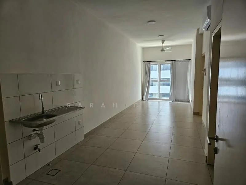 Room features: white painted walls, tile flooring, ceiling fan, window with sheer curtains, kitchenette with stainless-steel sink, wall-mounted air conditioning unit, light fixtures, door leading to another room; style: modern.
