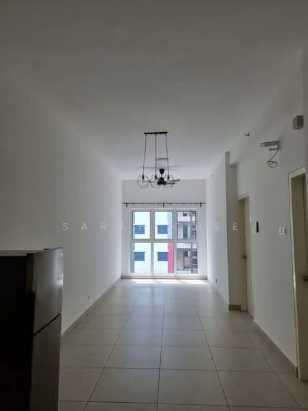 Room features: white painted walls, tile flooring, chandelier, large windows, window treatments, door frames, light fixtures, neutral color scheme; style: modern; view: city.