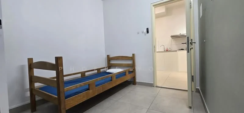 Bedroom features: single wooden bed frame, blue mattress, white painted walls, grey accent wall, tile flooring, door leading to hallway, window with no visible treatment, light fixture on ceiling; style: minimalist.
