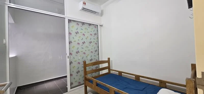 Bedroom features: single bed frame, white walls, sliding glass door, floor-to-ceiling window, air conditioning unit, black tile flooring, decorative frosted glass panel with floral pattern, wooden bed frame.