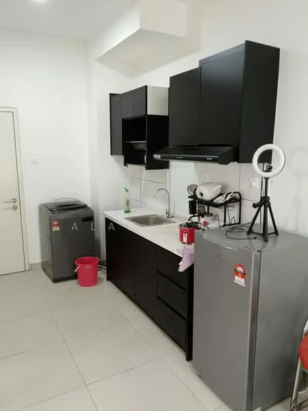 Kitchen features: black cabinetry, white countertop, single-bowl stainless-steel sink, chrome pull-down faucet, built-in stove with range hood, stainless-steel fridge, washing machine, tile flooring, wall-mounted mirror, plastic bucket, ring light on tripod; style: modern.