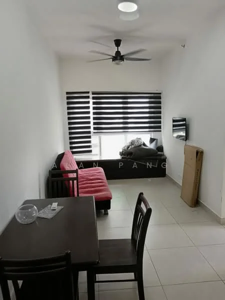 Living features: red fabric sofa, black coffee table, wall-mounted TV, floor-to-ceiling windows with black roller blinds, white painted walls, ceiling fan, tile flooring, decorative throw pillows; style: modern.