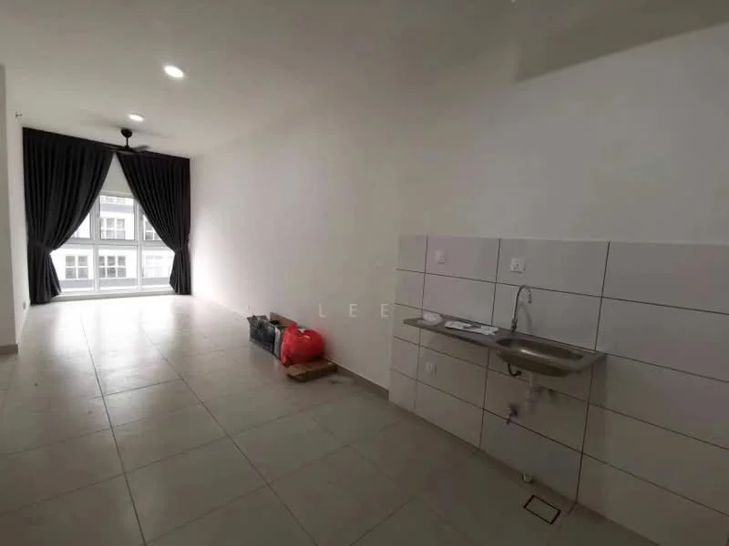 Room features: grey tiled flooring, white painted walls, black curtains, single-bowl stainless-steel sink, wall-mounted faucet, white tiled backsplash, window with city view, light fixture on ceiling; style: modern; view: city.