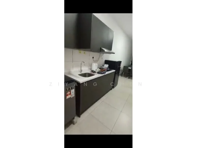 Kitchen features: black cabinetry, white tiled backsplash, stainless-steel sink, chrome pull-down faucet, built-in stove with exhaust hood, countertop space, white walls, ceramic tile flooring, refrigerator, microwave, kitchen utensils on countertop; style: modern.