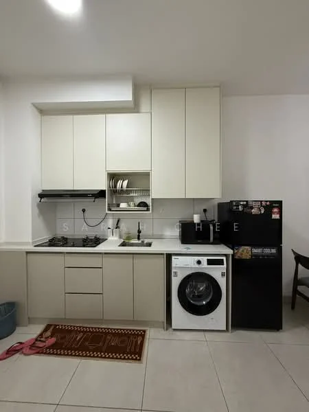 Kitchen features: white cabinetry, grey countertop, stainless-steel sink, chrome pull-down faucet, built-in gas hob, exhaust hood, built-in oven, front-load washing machine, black fridge, ceramic tile flooring, wall-mounted shelves, dish rack, decorative rug; style: modern.