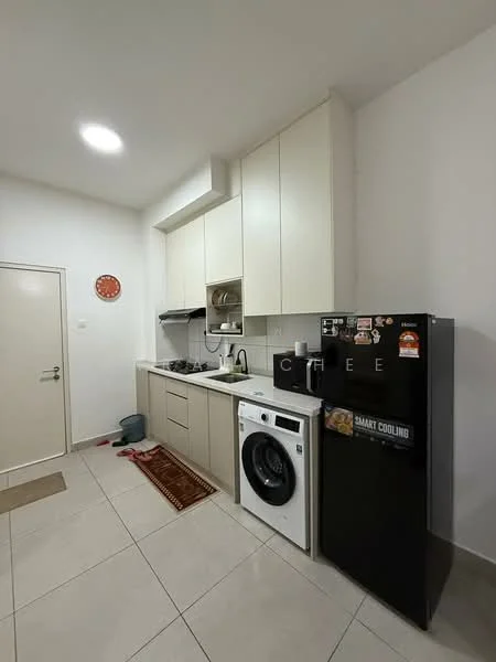 Kitchen features: white cabinetry, black refrigerator, built-in oven, 4-burner gas hob, single-bowl stainless-steel sink, chrome pull-down faucet, washing machine, grey tiled flooring, recessed ceiling lights, kitchen rug, white walls; style: modern.