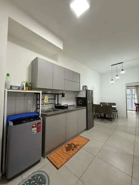Kitchen features: grey cabinetry, stainless-steel fridge, built-in oven, 4-burner gas hob, single-bowl stainless-steel sink, chrome pull-down faucet, tile flooring, recessed downlights, kitchen mat, open shelving, microwave, dishwasher; style: modern. Dining features: 6-seater dining table, upholstered dining chairs, pendant lighting; style: modern.