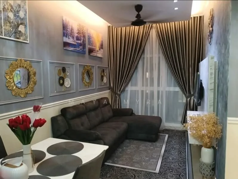 Living features: 3-seater fabric sofa in dark grey, coffee table, wall-mounted TV, decorative mirrors, framed artwork, area rug with geometric pattern, floor-to-ceiling windows with sheer curtains, ceiling fan, wall sconce lighting, dining table for 2 with white surface, vase with red flowers, golden decorative accents; style: modern.