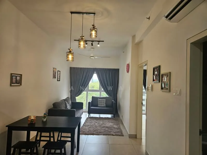 Living features: grey fabric sofa, 2-seater sofa, black dining table, 4 dining chairs, area rug, pendant lighting with multiple bulbs, 5-blade ceiling fan, floor-to-ceiling window, curtains, wall-mounted air conditioning unit, decorative wall frames; style: modern; view: garden.