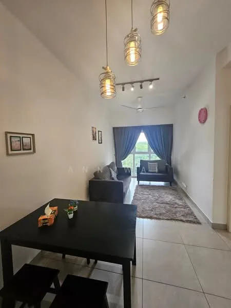 Living features: grey fabric sofa, area rug with geometric pattern, black dining table, 4 black dining chairs, pendant lighting, ceiling fan, floor-to-ceiling window, curtains, decorative wall art, light-colored walls, tile flooring; style: modern; view: garden.