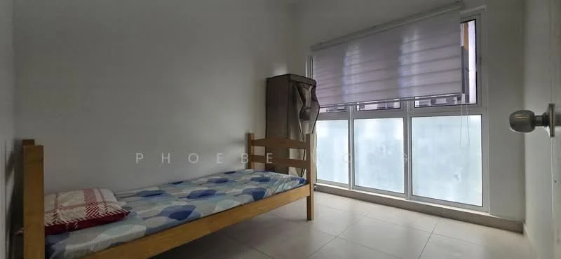 Bedroom features: single bed with wooden frame, mattress with patterned bedding, white painted walls, large window with sheer blinds, tile flooring, built-in wardrobe, decorative wall art, neutral color scheme; style: modern.