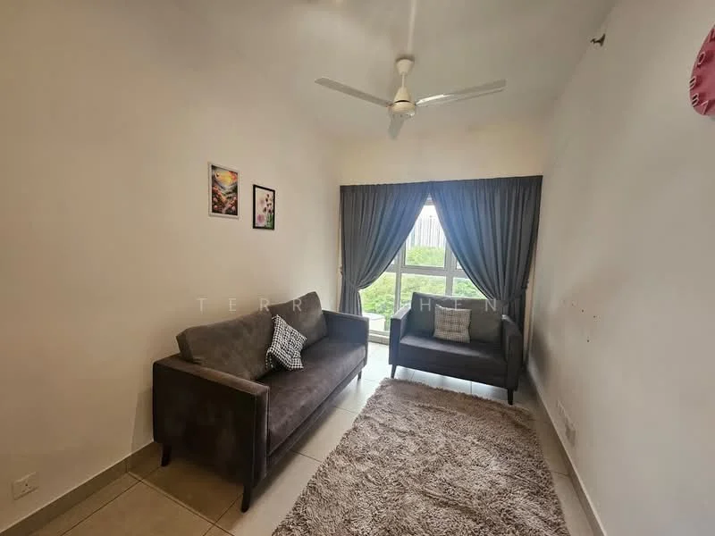 Living features: 2-seater fabric sofa in grey, 1-seater fabric armchair, area rug with neutral color, floor-to-ceiling window, curtains in grey, ceiling fan, wall art with colorful designs, light-colored walls, tile flooring; style: modern; view: garden.