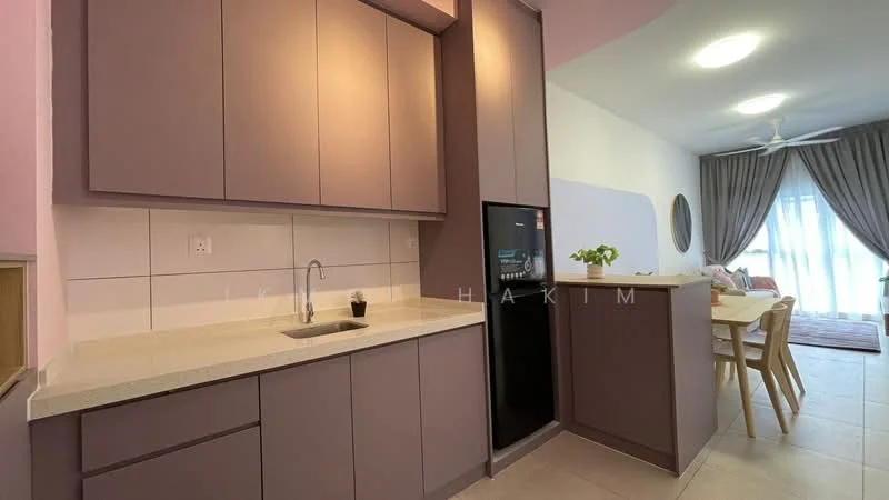 Kitchen features: purple cabinetry, white countertop, single-bowl stainless-steel sink, chrome pull-down faucet, built-in fridge, wall-mounted cabinets, tile backsplash, recessed downlights; style: modern. Dining features: dining table with chairs, natural wood dining chairs, decorative plant on table; style: modern.