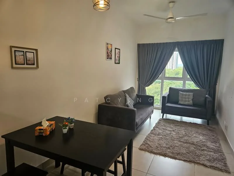 Living features: 3-seater fabric sofa in grey, armchair in grey, black dining table, area rug with neutral color, floor-to-ceiling windows, curtains in dark grey, ceiling fan, decorative wall art, framed pictures on wall, small potted plants on table; style: modern; view: city.