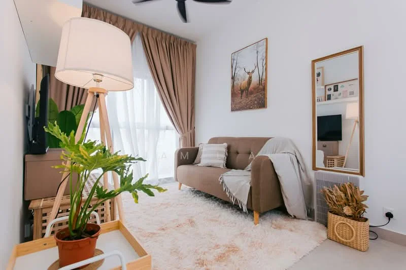 Living features: beige fabric sofa, area rug with fluffy texture, floor lamp with white shade, framed artwork with deer, large mirror with gold frame, potted plant on side table, curtains in light beige, wall-mounted TV, wooden side table, woven basket; style: modern.