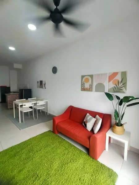 Living features: red fabric sofa, 3-seater sofa, area rug in green, white side table, decorative houseplant in pot, wall-mounted clock, framed artwork on wall, recessed ceiling lights, ceiling fan, tile flooring; style: modern. Dining features: 4-seater dining table, white dining chairs, grey area rug under dining table; style: modern.