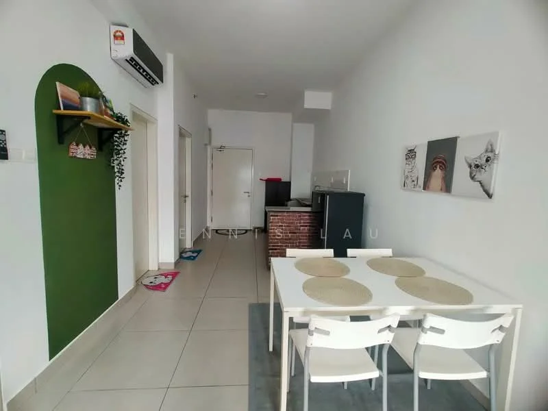 Dining features: white dining table, 4 white dining chairs, grey area rug, green accent wall, white painted walls, tile flooring, framed artwork on wall, refrigerator, exposed brick wall, doorway leading to hallway; style: modern. Room features: white painted walls, tile flooring, doorway leading to kitchen, doorway leading to bathroom.