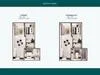 Floor plan: 2-bedroom 1-bathroom unit; features: open-plan kitchen-dining-living, master bedroom with ensuite bathroom, bedroom 2 with shared bathroom, balcony off living room, utility room, laundry area, central foyer.