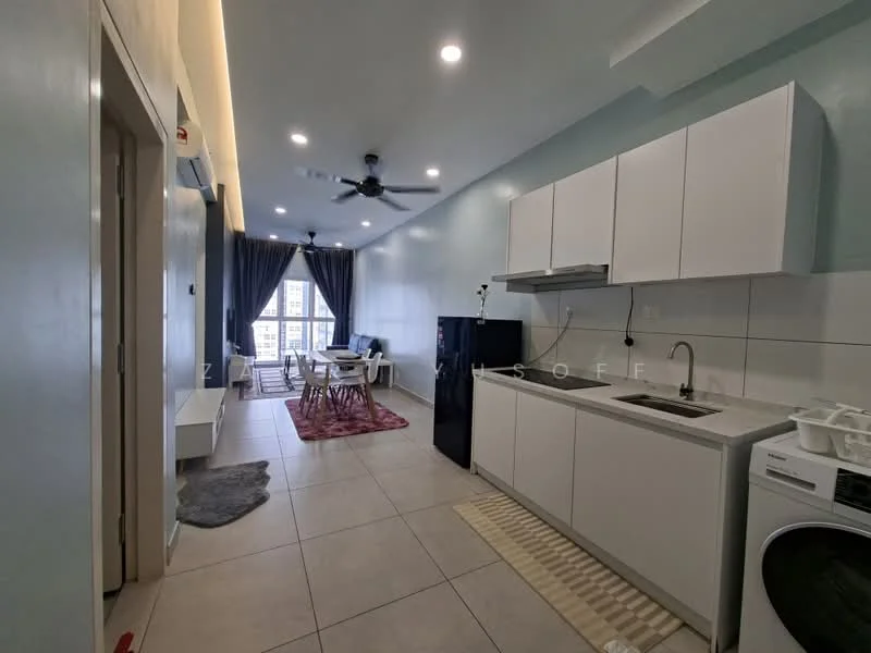 Kitchen features: white cabinetry, stainless-steel sink, chrome pull-down faucet, built-in oven, stainless-steel fridge, washing machine, ceramic tile flooring, recessed downlights, wall-mounted split AC, dining table with chairs, floor-to-ceiling windows with curtains, area rug, light grey walls; style: modern; view: city.