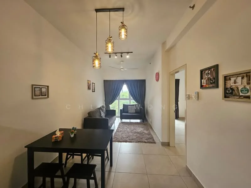 Living features: grey fabric sofa, coffee table, area rug, 5-blade ceiling fan with light, pendant lighting with glass shades, floor-to-ceiling window with sheer curtains, white painted walls, tile flooring, decorative wall art, black dining table with chairs; style: modern; view: garden.
