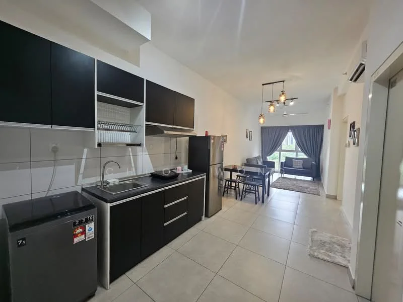 Kitchen features: black cabinetry, stainless-steel sink, chrome pull-down faucet, built-in oven, freestanding refrigerator, ceramic tile flooring, grey tiled backsplash, open shelving, 2-seater dining table, pendant lighting, window with view to living area; style: modern. Living features: sofa, coffee table, area rug, dining area, ceiling fan, curtains, wall-mounted TV, decorative wall art; style: modern.