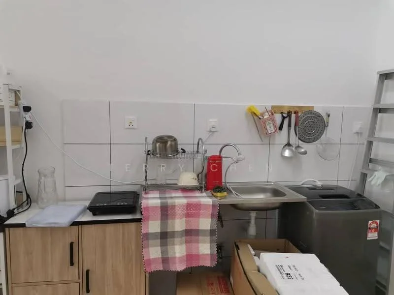 Kitchen features: stainless-steel sink, chrome faucet, black countertop, wood cabinetry, white tiled backsplash, electric stove, dish rack, kitchen towel, washing machine, hanging utensils, storage boxes; style: modern.