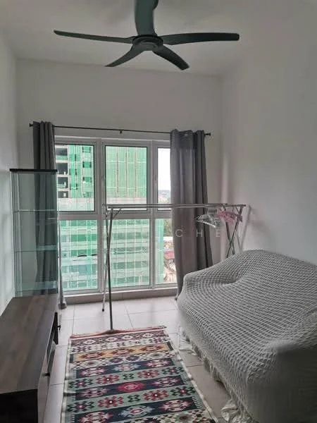 Room features: white painted walls, tiled flooring, 5-blade ceiling fan, floor-to-ceiling windows, grey curtains, glass display cabinet, wooden TV console, area rug with geometric pattern, clothes drying rack, sofa with throw blanket; style: modern; view: city.