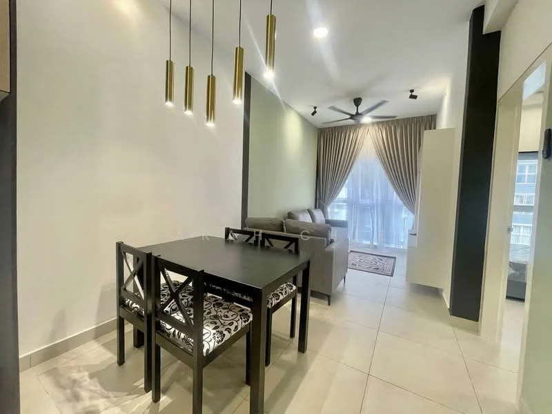 Dining features: black dining table, 4 black dining chairs with patterned upholstery, pendant lighting with gold fixtures, white painted walls, tile flooring, ceiling fan with light, curtains in light beige, area rug with geometric pattern, sofa in grey, floor-to-ceiling windows; style: modern.