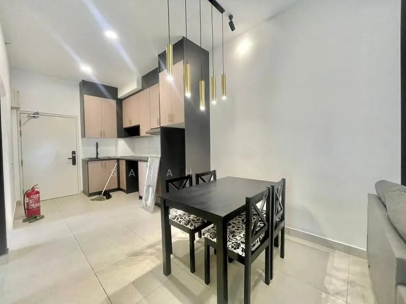 Kitchen features: black cabinetry, light wood upper cabinets, white tiled backsplash, stainless-steel sink, chrome pull-down faucet, 4-burner gas hob, built-in oven, recessed downlights, dining table with black finish, 4 dining chairs with patterned upholstery, fire extinguisher, grey sofa, tile flooring; style: modern.