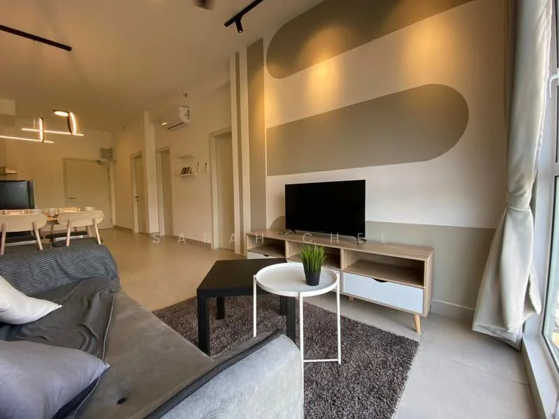 Living features: grey fabric sofa, white coffee table, TV console in light wood, wall-mounted TV, area rug in beige, recessed downlights, cream painted walls with geometric accent, floor-to-ceiling windows with sheer curtains, air conditioning unit, dining area visible in background; style: modern.