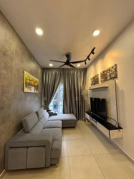 Living features: 3-seater fabric sofa in grey, chaise lounge, wall-mounted TV, TV console, recessed LED downlights, 5-blade ceiling fan, cream painted walls, grey accent wall, floor-to-ceiling curtains, light-colored tile flooring, decorative wall art; style: modern.