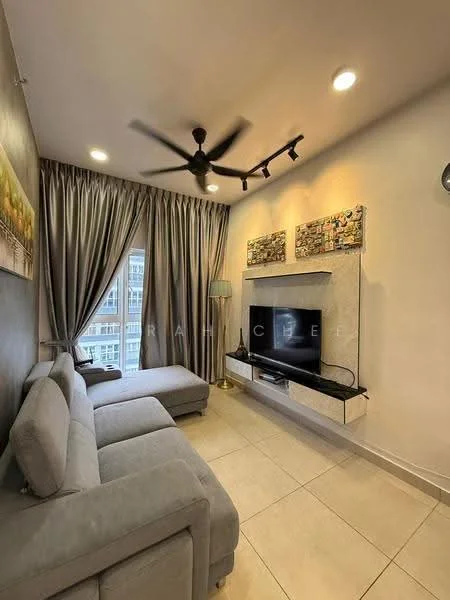 Living features: 3-seater fabric sofa in grey, ceiling fan with light, wall-mounted TV, TV console, decorative wall art, floor-to-ceiling windows with sheer curtains, light-colored tiled flooring, recessed lighting, neutral painted walls; style: modern; view: city.