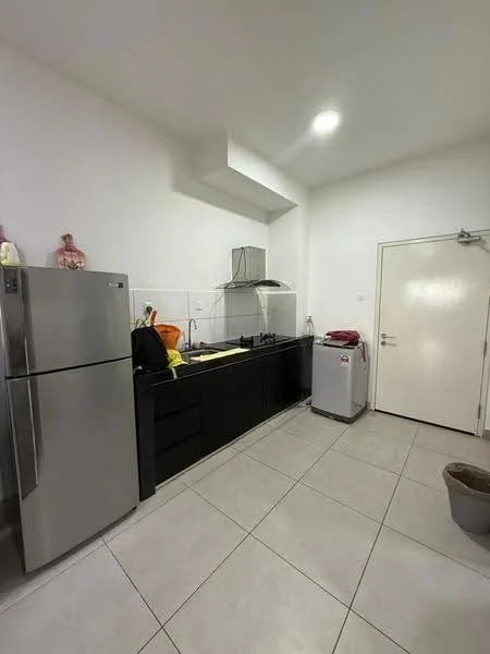 Kitchen features: stainless-steel fridge, built-in oven, freestanding gas range oven, black cabinetry, white countertop, tile backsplash, single-bowl stainless-steel sink, chrome pull-down faucet, grey tile flooring, recessed downlights, white painted walls, door to exterior; style: modern.