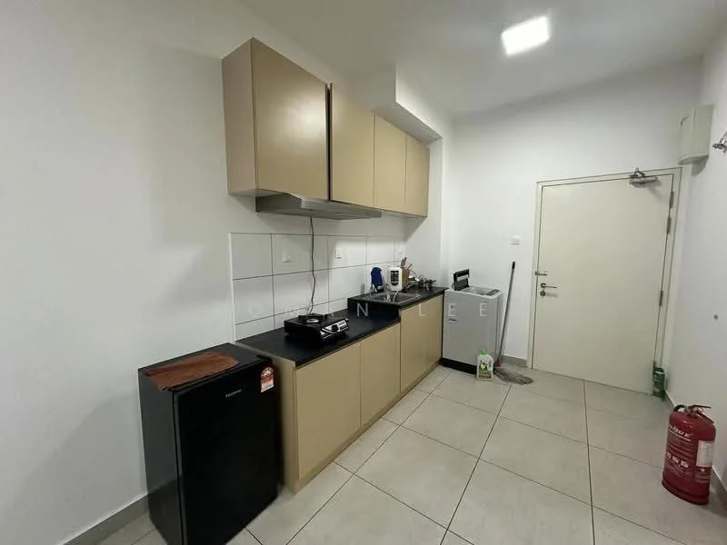 Kitchen features: light brown cabinetry, black countertop, white tiled backsplash, stainless-steel sink, chrome pull-down faucet, built-in stove, refrigerator, washing machine, fire extinguisher, tile flooring, white painted walls, overhead cabinets; style: modern.