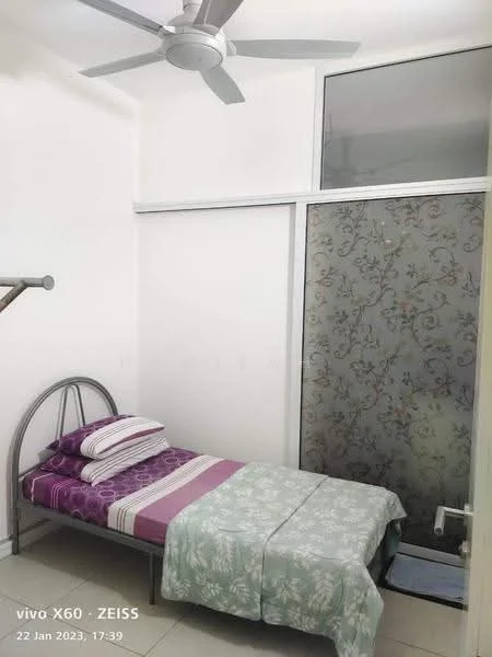 Bedroom features: single bed, purple and white striped bedding, green floral bedspread, metal bed frame, floor-to-ceiling window, sheer window treatment, ceiling fan, light-colored walls, tile flooring; style: modern.