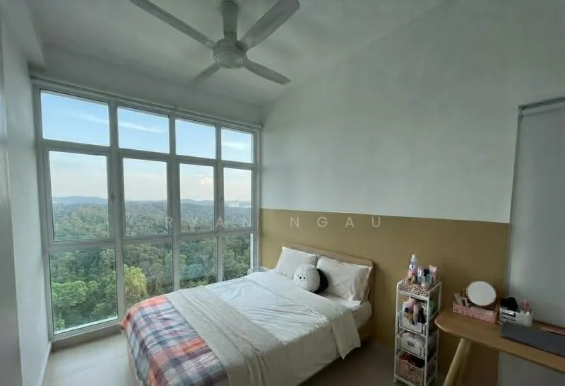 Bedroom features: queen-size bed with white bedding, plaid throw blanket, floor-to-ceiling windows, white painted walls, light wood flooring, ceiling fan, wooden bedside table, decorative storage unit, view of greenery; style: modern; view: garden.