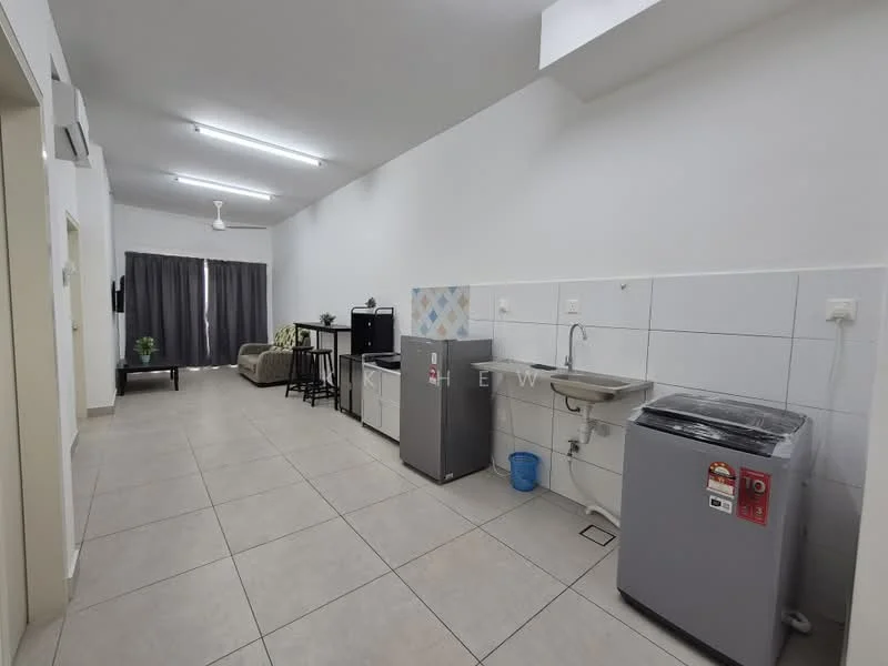 Room features: light grey tiled flooring, white painted walls, recessed ceiling lights, 5-blade ceiling fan, single-bowl stainless-steel sink, built-in cabinetry, stainless-steel fridge, top-load washing machine, grey countertop, sofa, curtains, small indoor plant; style: modern.
