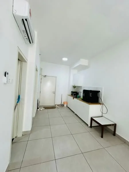 Room features: white painted walls, grey floor tiles, 1 wall-mounted split AC, white cabinetry, small table, door leading outside, light ceiling, minimalist decor; style: modern.