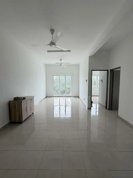 Living features: white painted walls, glossy tile flooring, 2 ceiling fans, large windows with horizontal blinds, wooden sideboard, open layout, natural light, neutral color scheme; style: modern; view: garden.