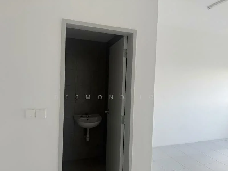 Room features: white painted walls, grey tiled flooring, single-wall sink, door leading to another room, natural light from window, minimalist design; style: modern.