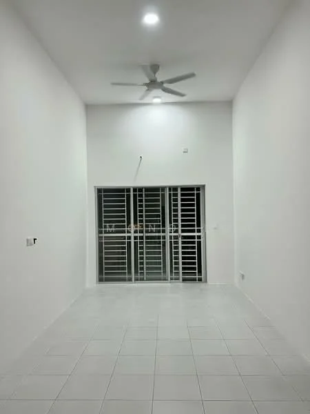 Room features: white painted walls, white tiled flooring, ceiling fan, sliding glass door, security grille, recessed ceiling lights; style: modern.